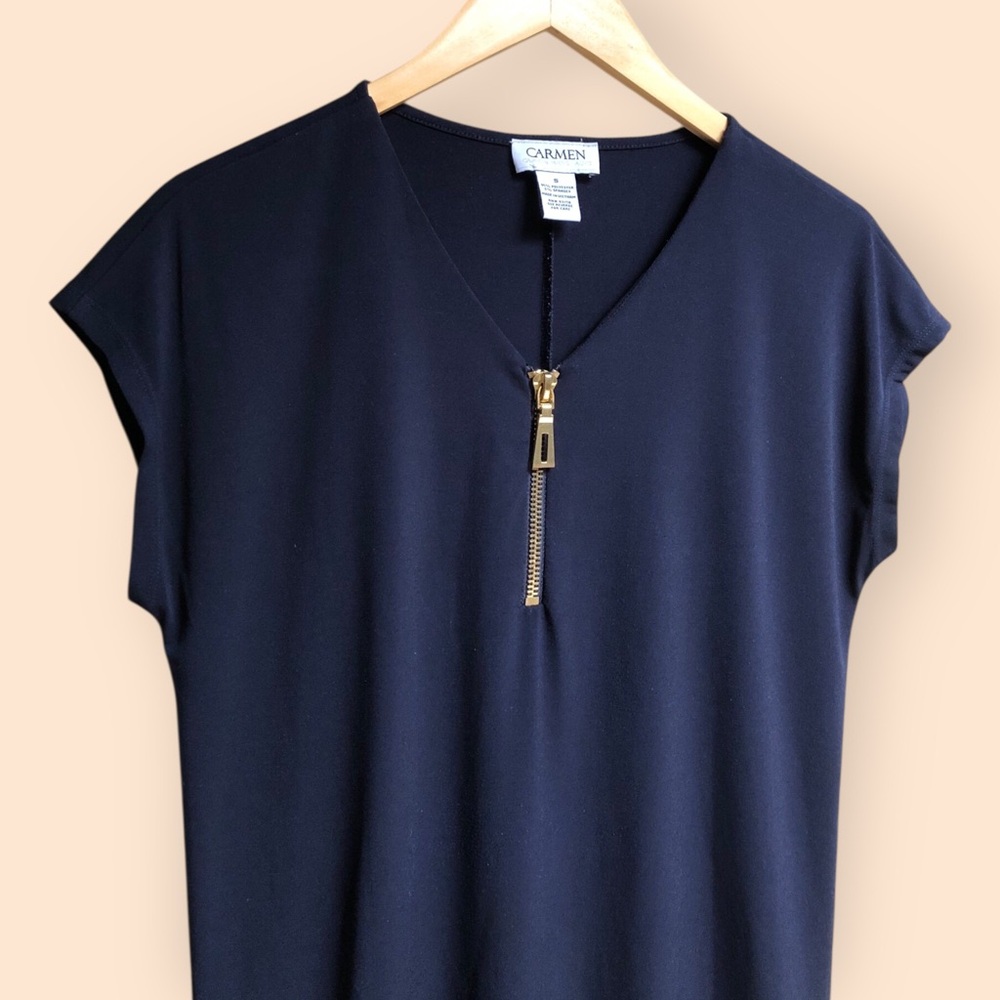 Carmen Marc Valvo Navy Blue Short Sleeved Blouse Top Gold Zipper Women’s Small - Picture 3 of 9